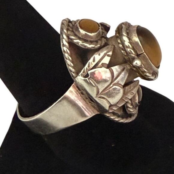 Poison Tiger Eye Ring Adjustable Size 9 Mexico Taxco Sterling Silver Heirloom - Picture 3 of 6